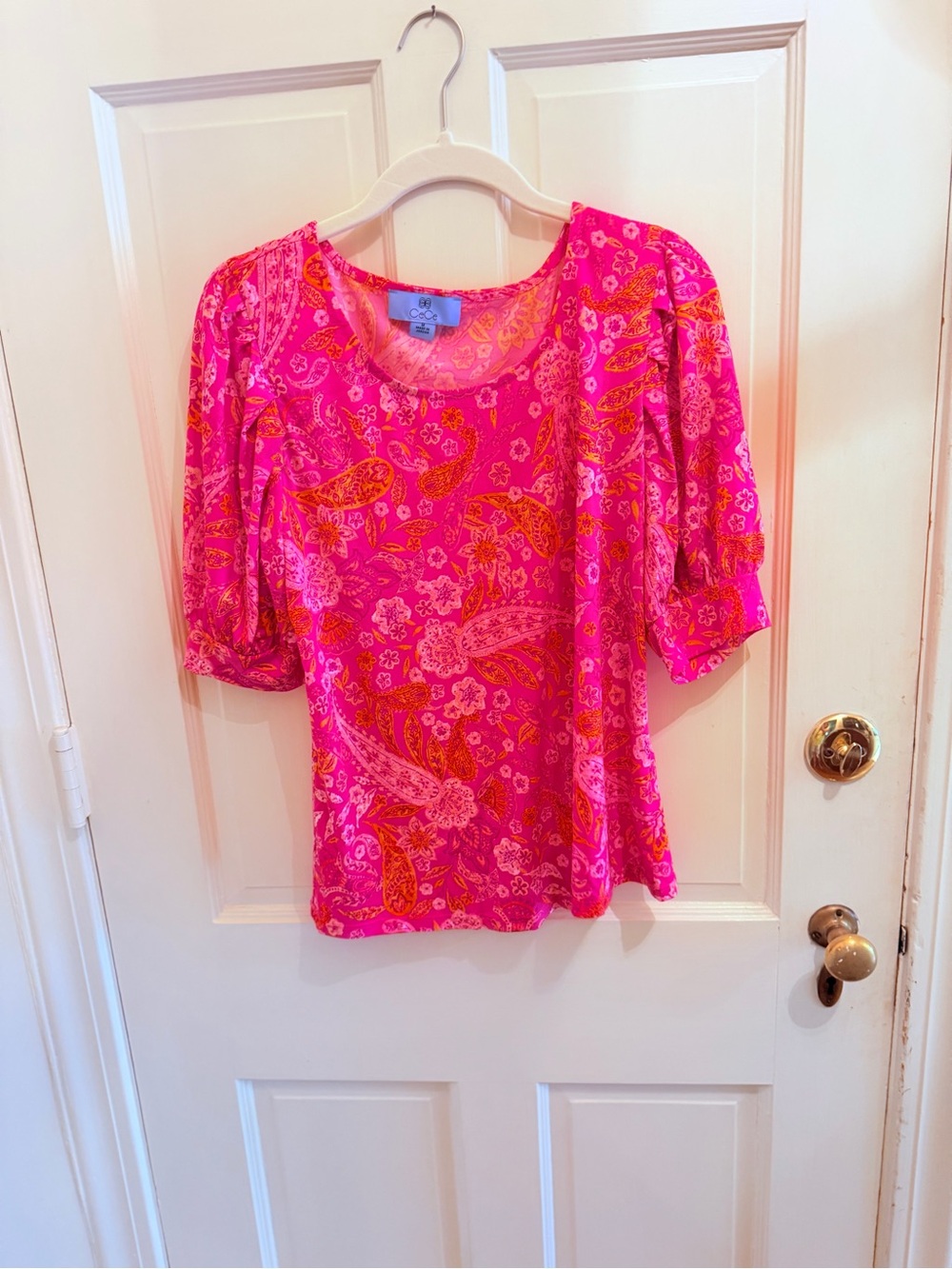 CeCe Pink and Orange Paisley Puff-Sleeve Top